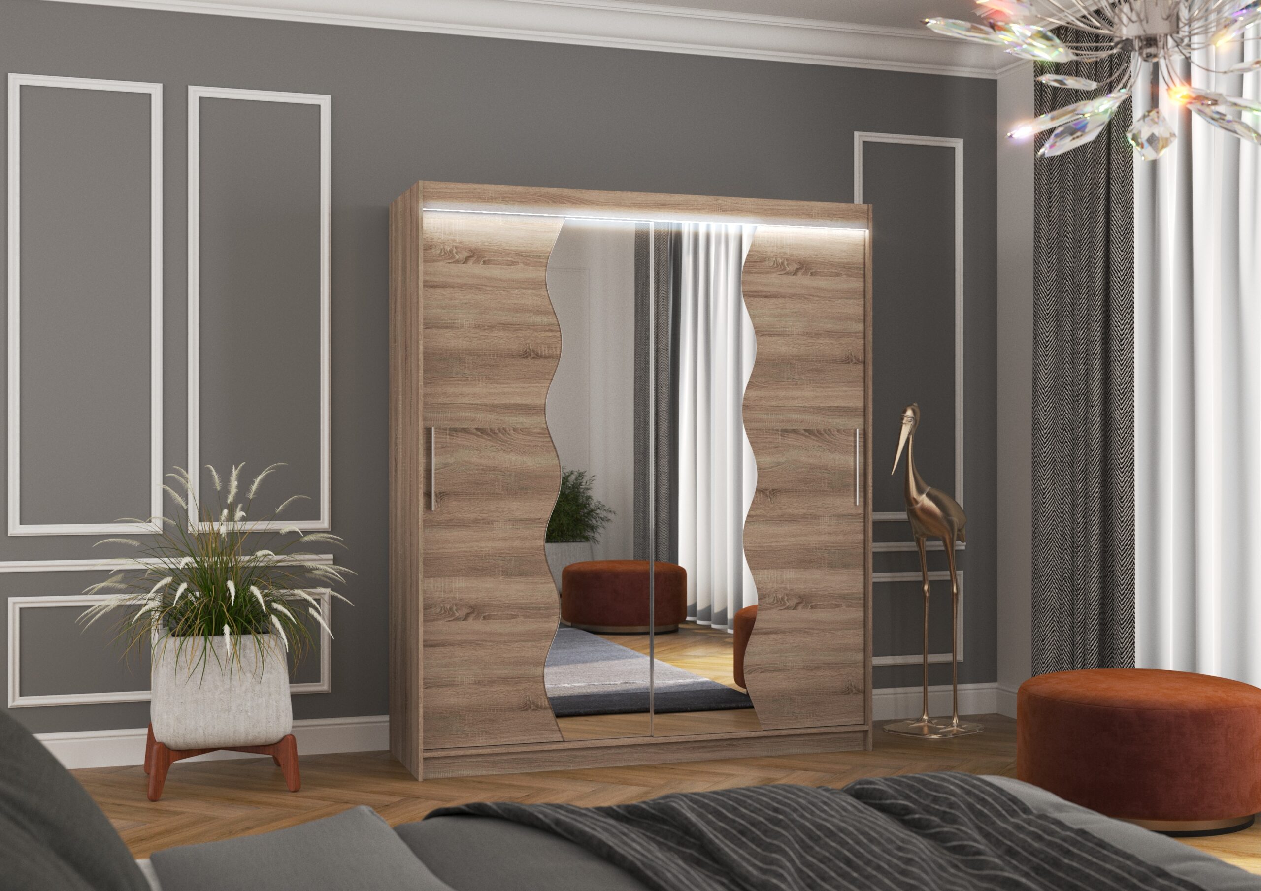 Tolóajtós szekrény tükörrel és LED világítással KANSAS 180